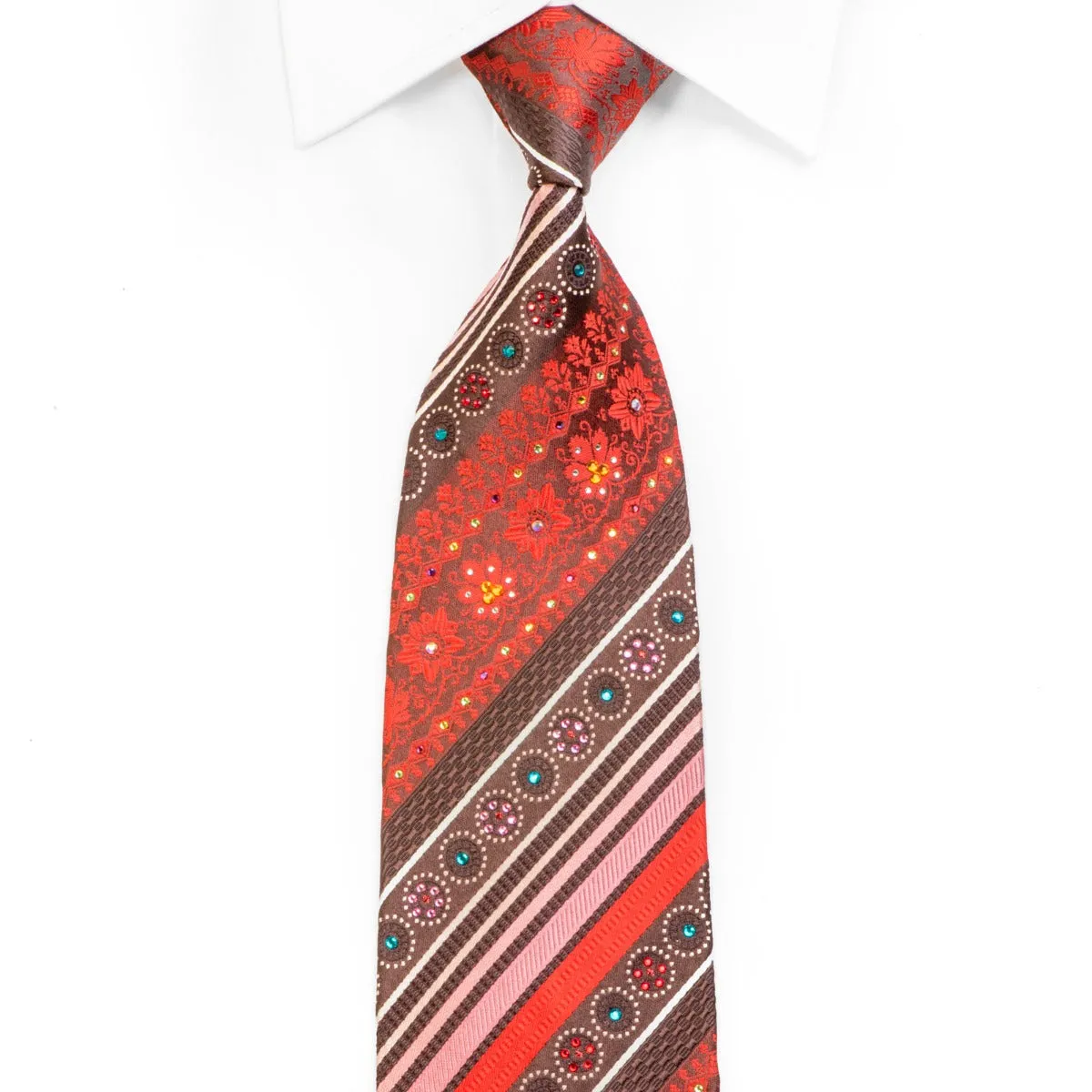 Rhinestone Silk Tie Orange Striped Cartouche On Brown With Sparkles