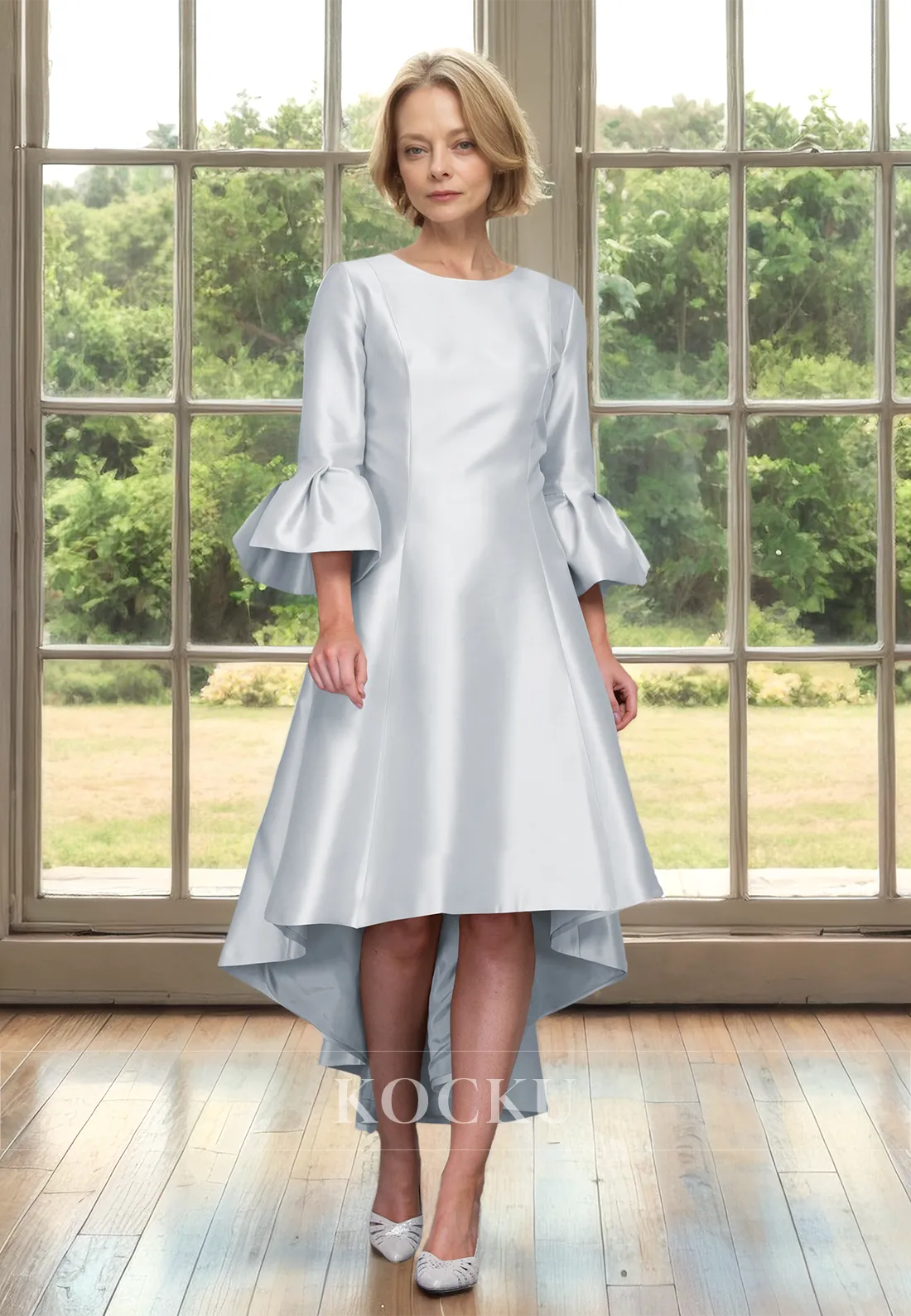 Scoop Neck A-Line Long Sleeves High Low Satin Mother of the Bride Dress Cocktail Gowns