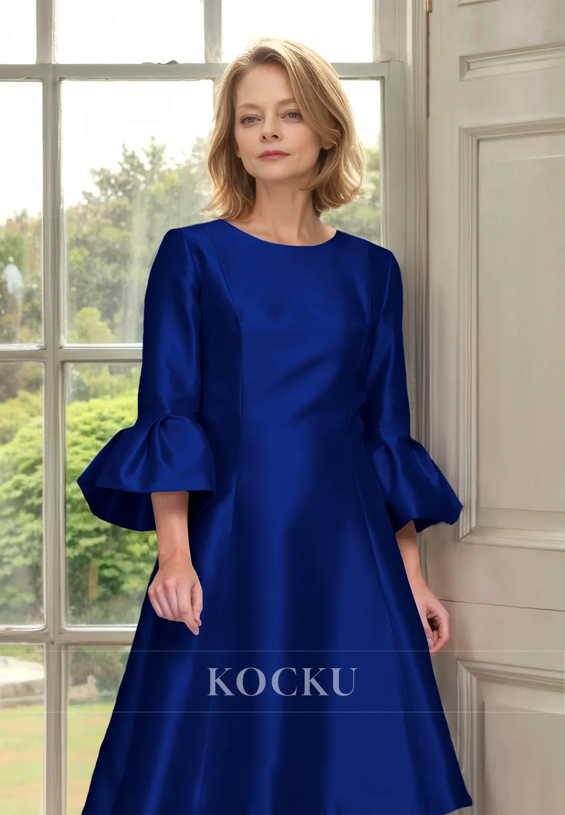 Scoop Neck A-Line Long Sleeves High Low Satin Mother of the Bride Dress Cocktail Gowns