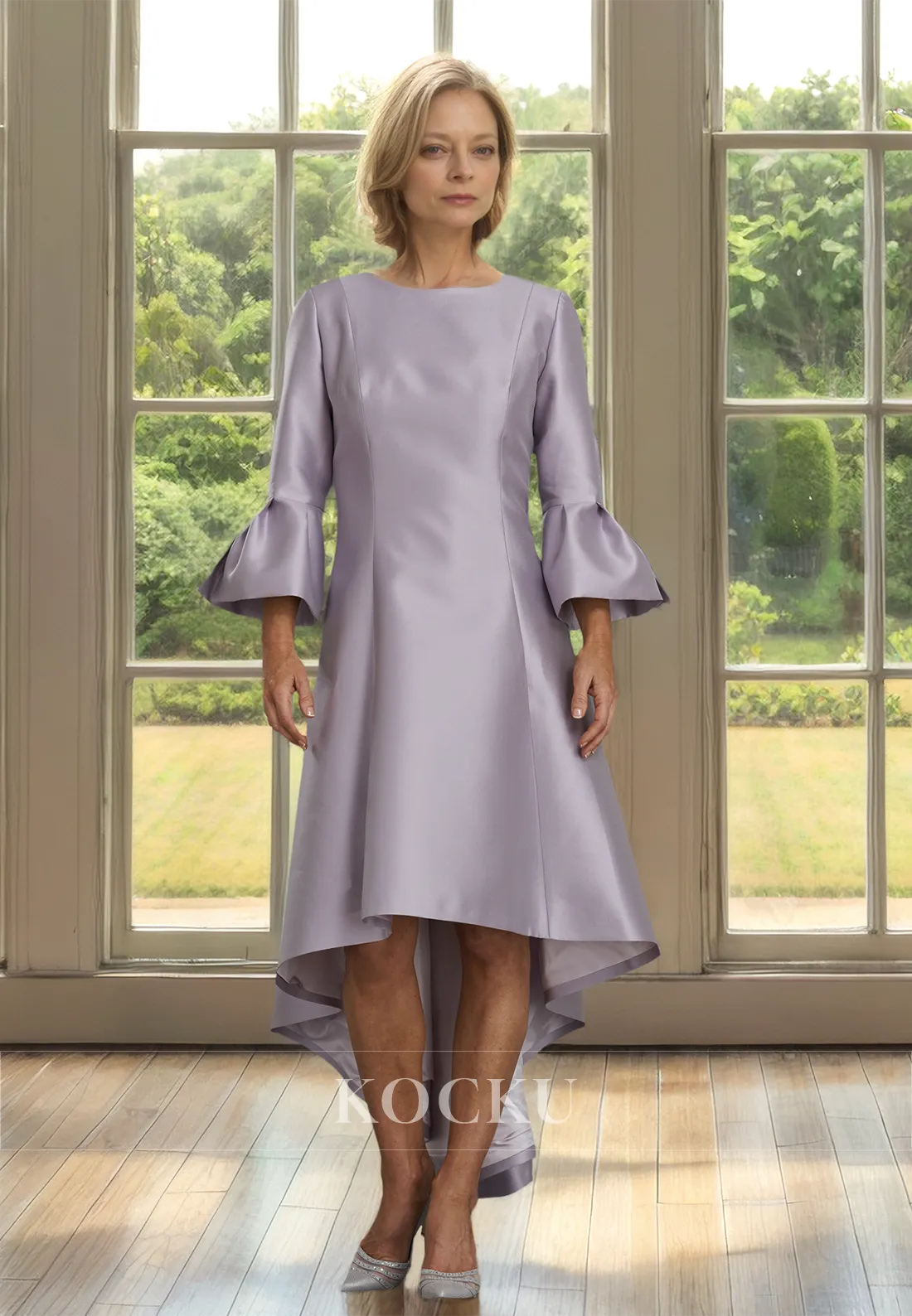 Scoop Neck A-Line Long Sleeves High Low Satin Mother of the Bride Dress Cocktail Gowns