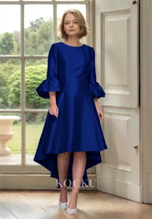 Scoop Neck A-Line Long Sleeves High Low Satin Mother of the Bride Dress Cocktail Gowns