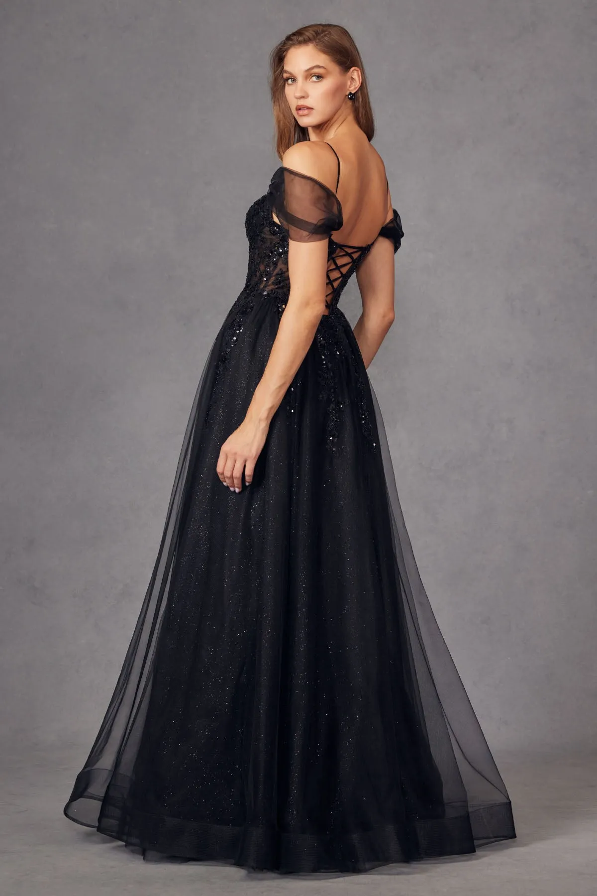 Sequin Applique Cold Shoulder Slit Gown by Juliet JT2466A