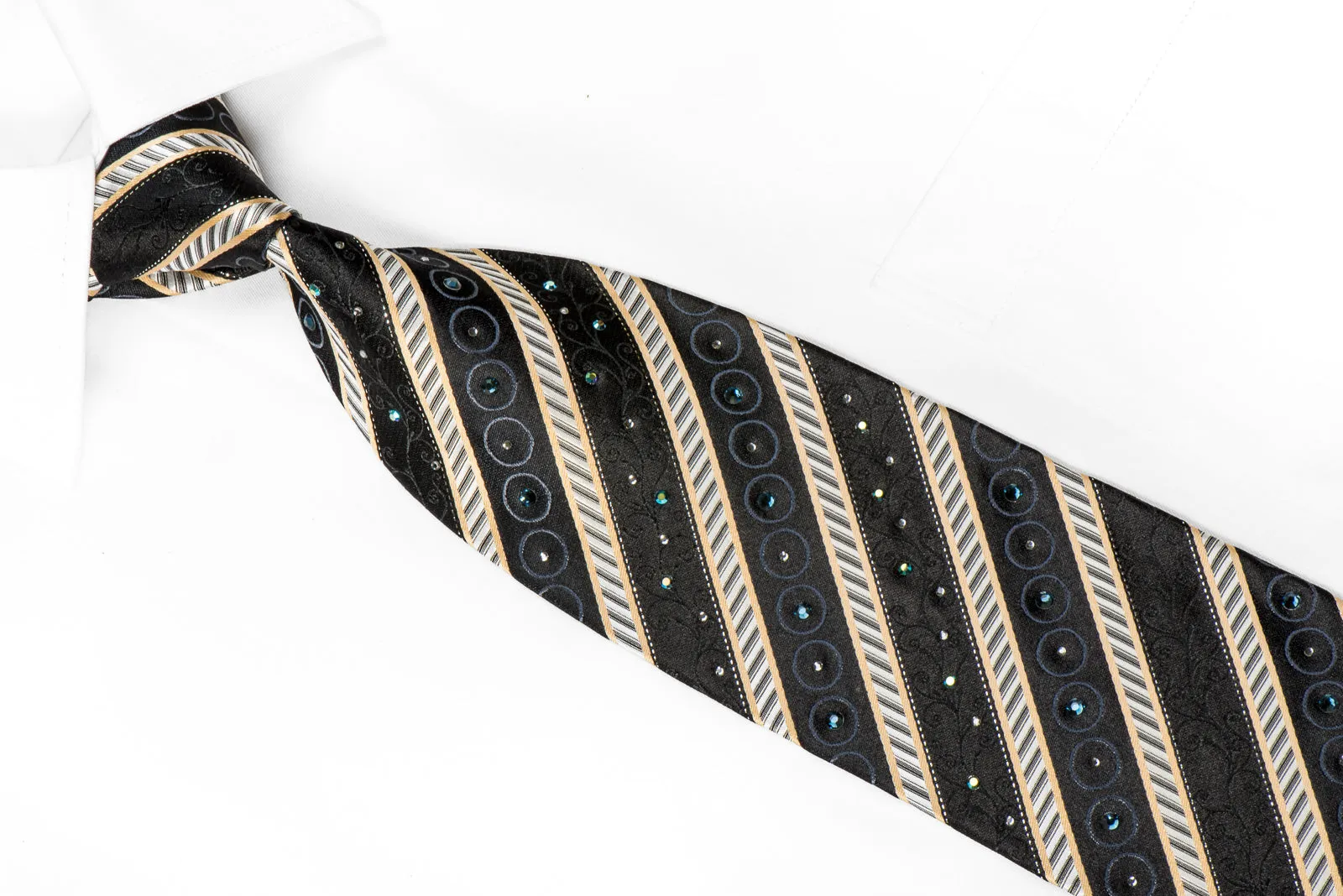 Smalto Men's Crystal Silk Necktie Silver Black Striped With Silver Sparkles