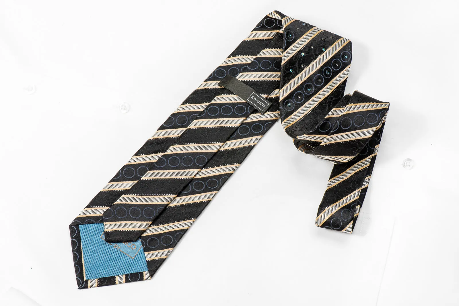 Smalto Men's Crystal Silk Necktie Silver Black Striped With Silver Sparkles