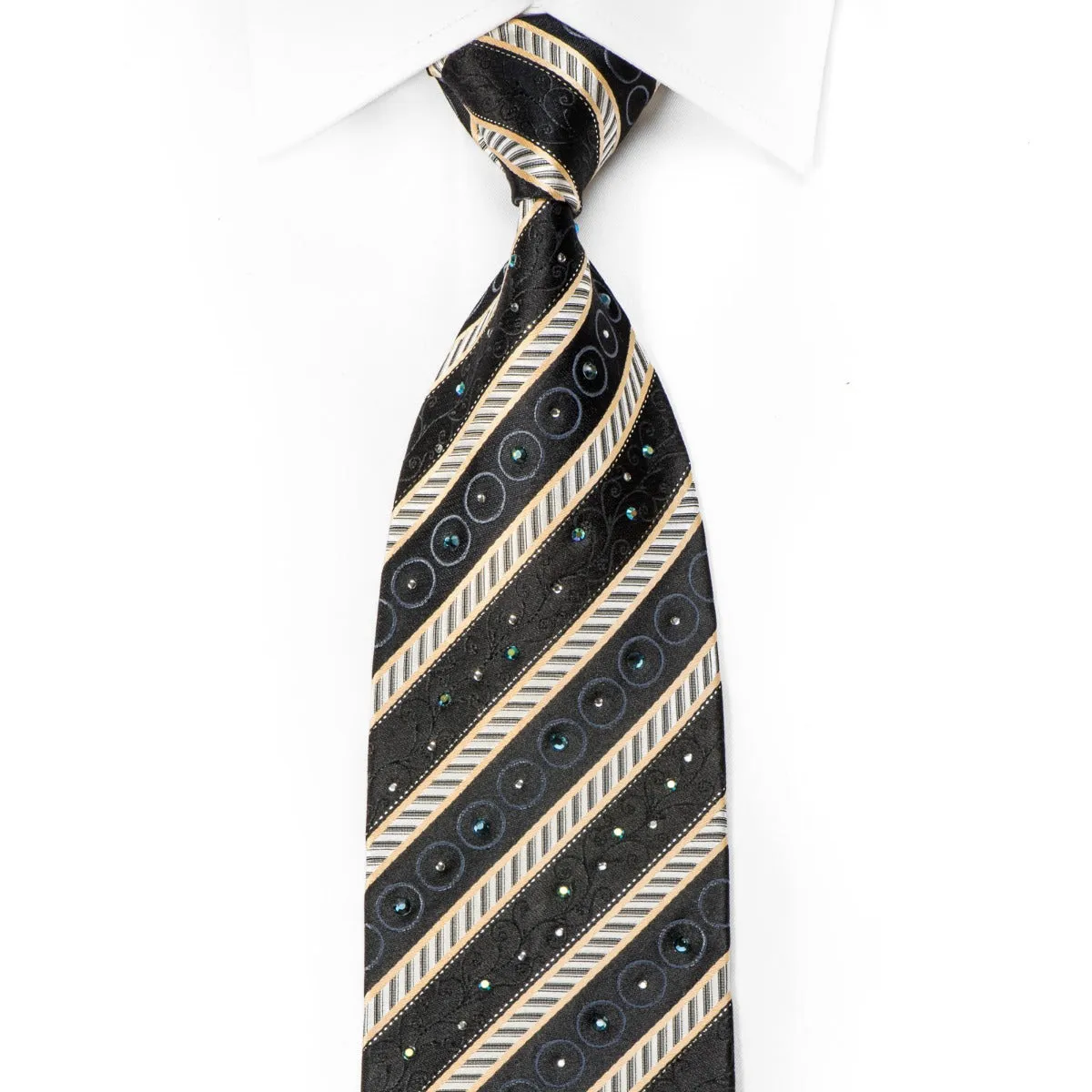 Smalto Men's Crystal Silk Necktie Silver Black Striped With Silver Sparkles