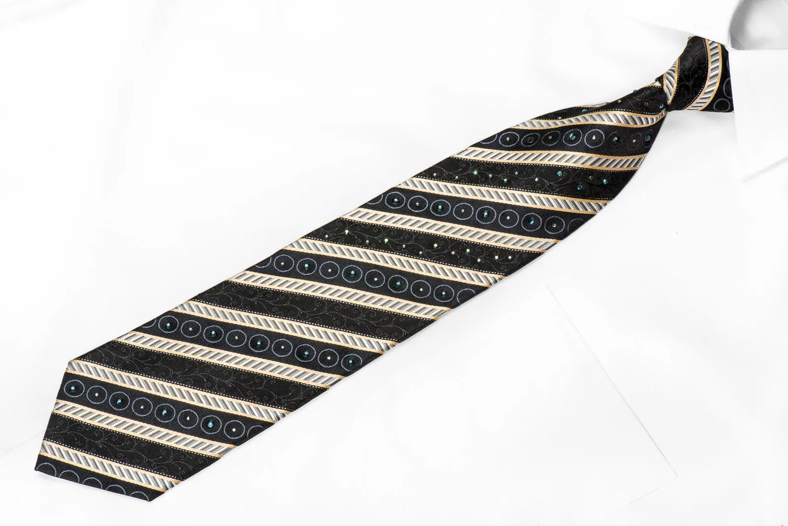 Smalto Men's Crystal Silk Necktie Silver Black Striped With Silver Sparkles