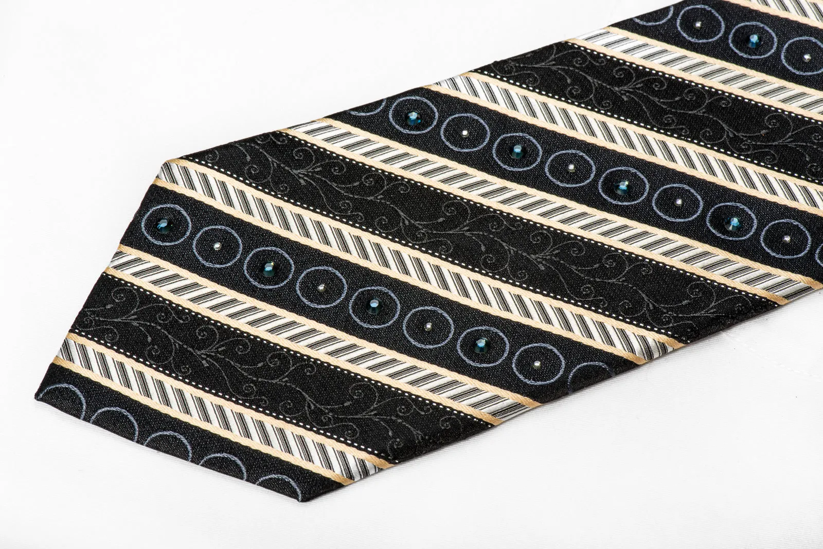 Smalto Men's Crystal Silk Necktie Silver Black Striped With Silver Sparkles