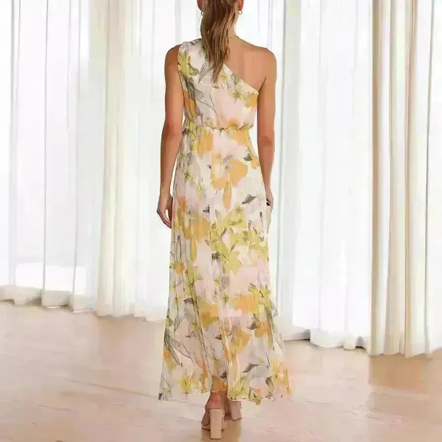 Summer Printed Oblique Shoulder Elastic Waist Vacation Floral Sleeveless Midi Dress