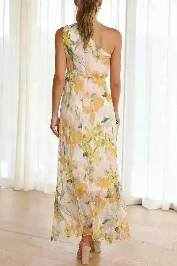 Summer Printed Oblique Shoulder Elastic Waist Vacation Floral Sleeveless Midi Dress