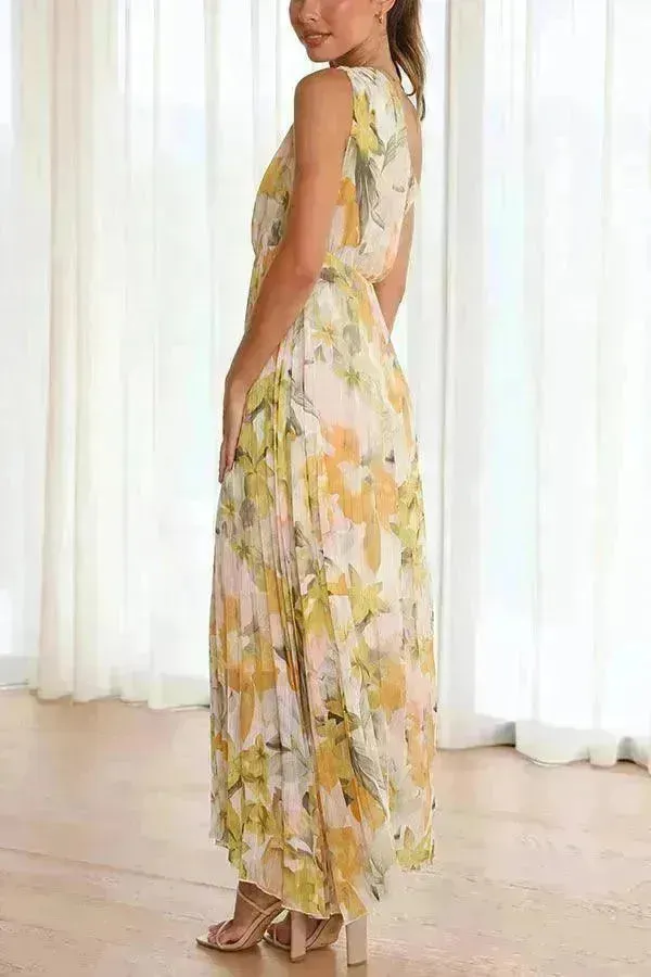 Summer Printed Oblique Shoulder Elastic Waist Vacation Floral Sleeveless Midi Dress