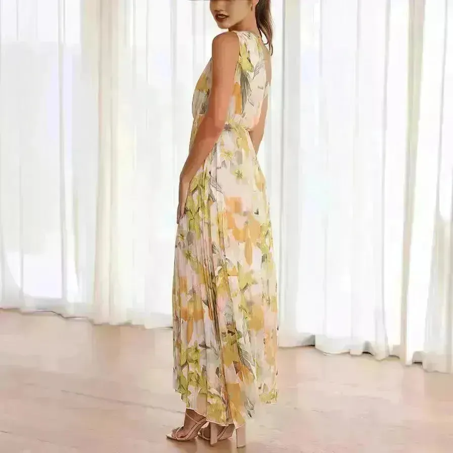 Summer Printed Oblique Shoulder Elastic Waist Vacation Floral Sleeveless Midi Dress
