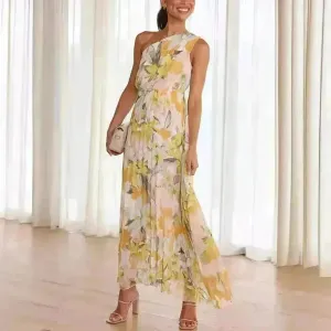 Summer Printed Oblique Shoulder Elastic Waist Vacation Floral Sleeveless Midi Dress