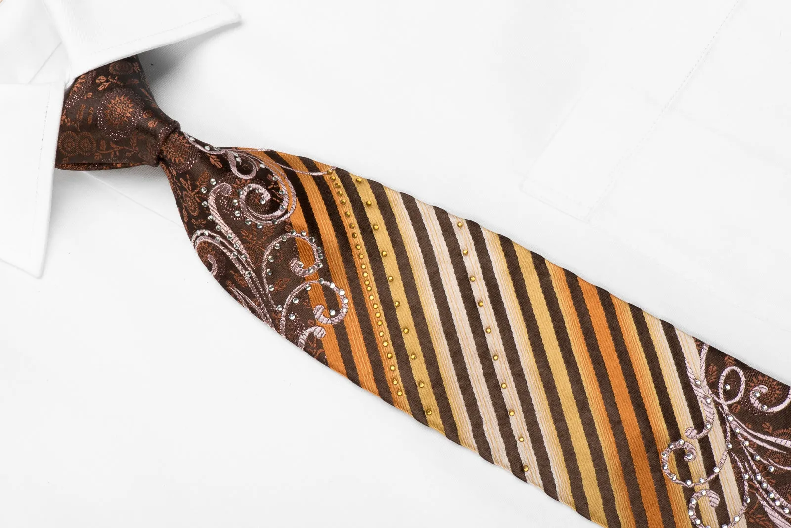 Taiyo Men's Crystal Silk Necktie Orange Striped On Brown Rhinestone Tie