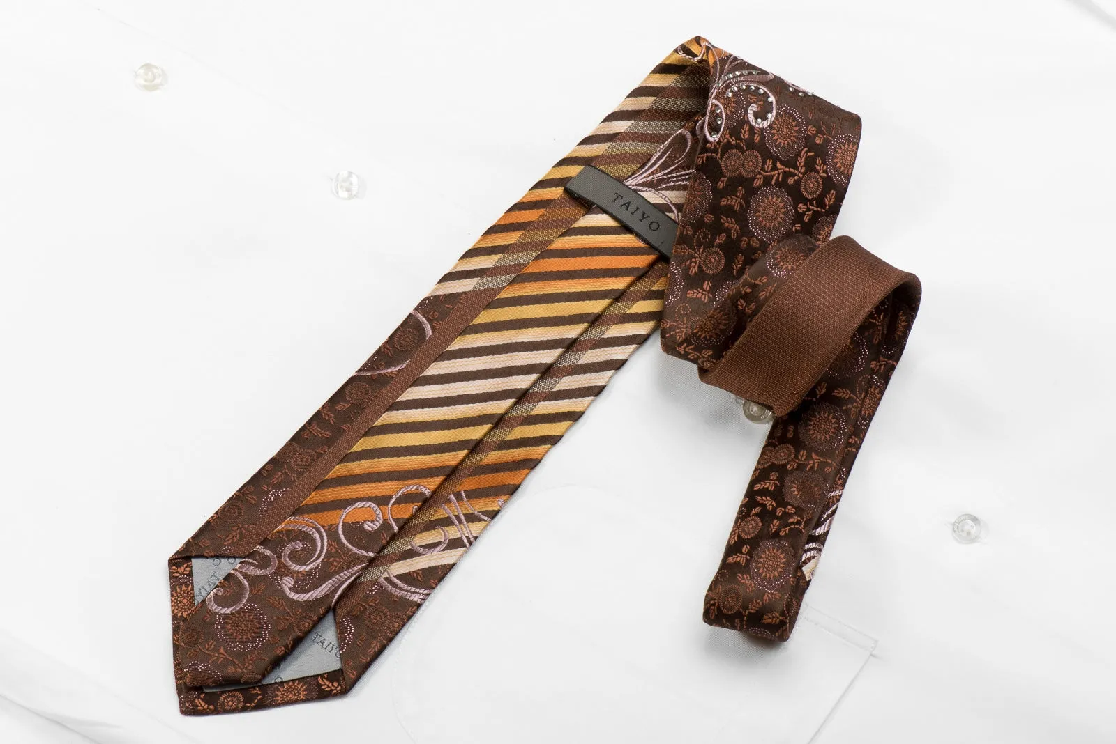 Taiyo Men's Crystal Silk Necktie Orange Striped On Brown Rhinestone Tie