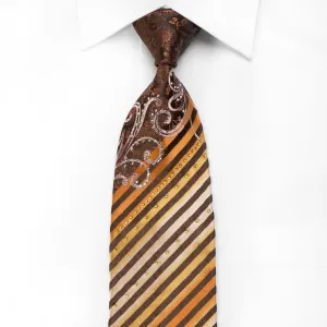 Taiyo Men's Crystal Silk Necktie Orange Striped On Brown Rhinestone Tie