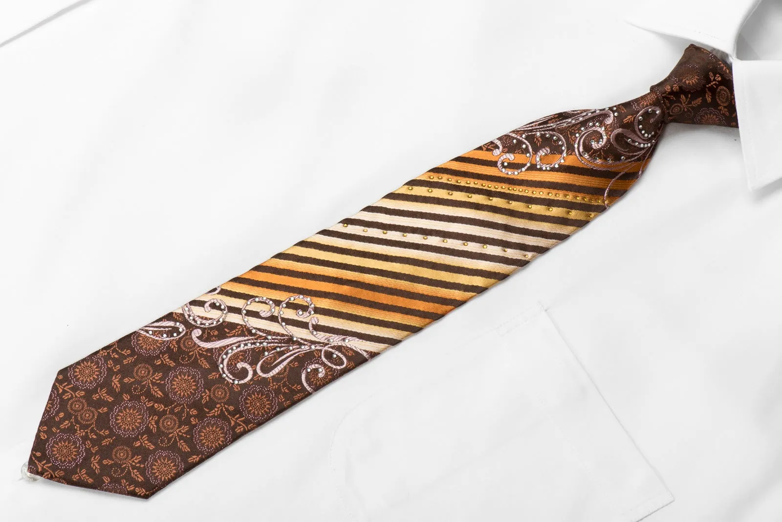 Taiyo Men's Crystal Silk Necktie Orange Striped On Brown Rhinestone Tie