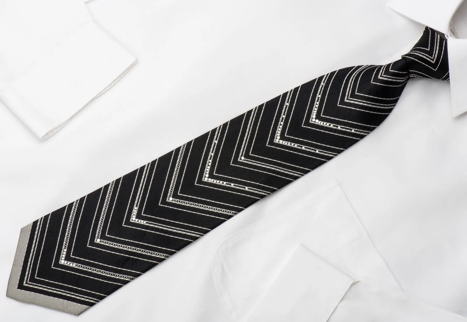 Tino Cosma Men's Rhinestone Silk Necktie Silver V-Striped On Black With Sparkles