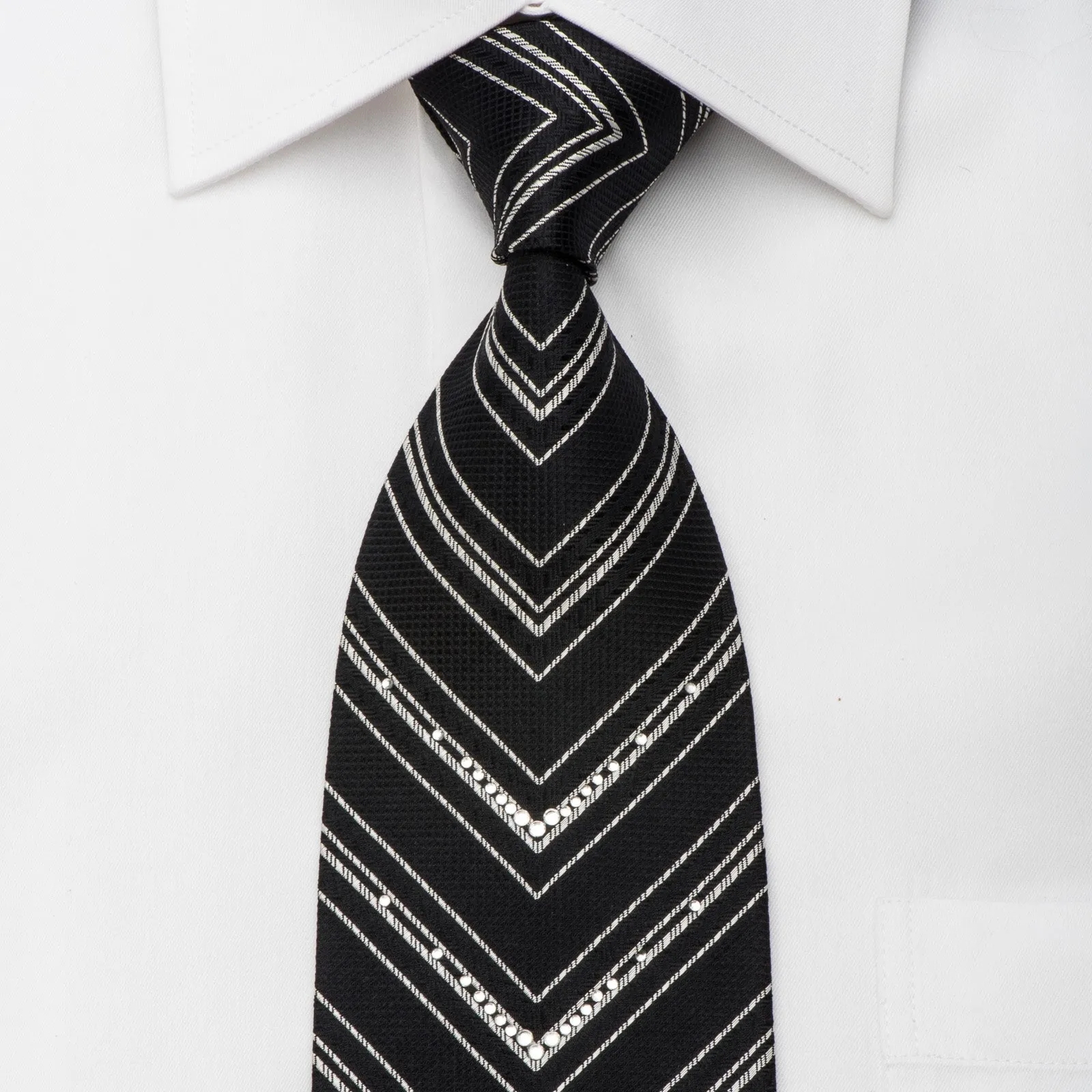 Tino Cosma Men's Rhinestone Silk Necktie Silver V-Striped On Black With Sparkles