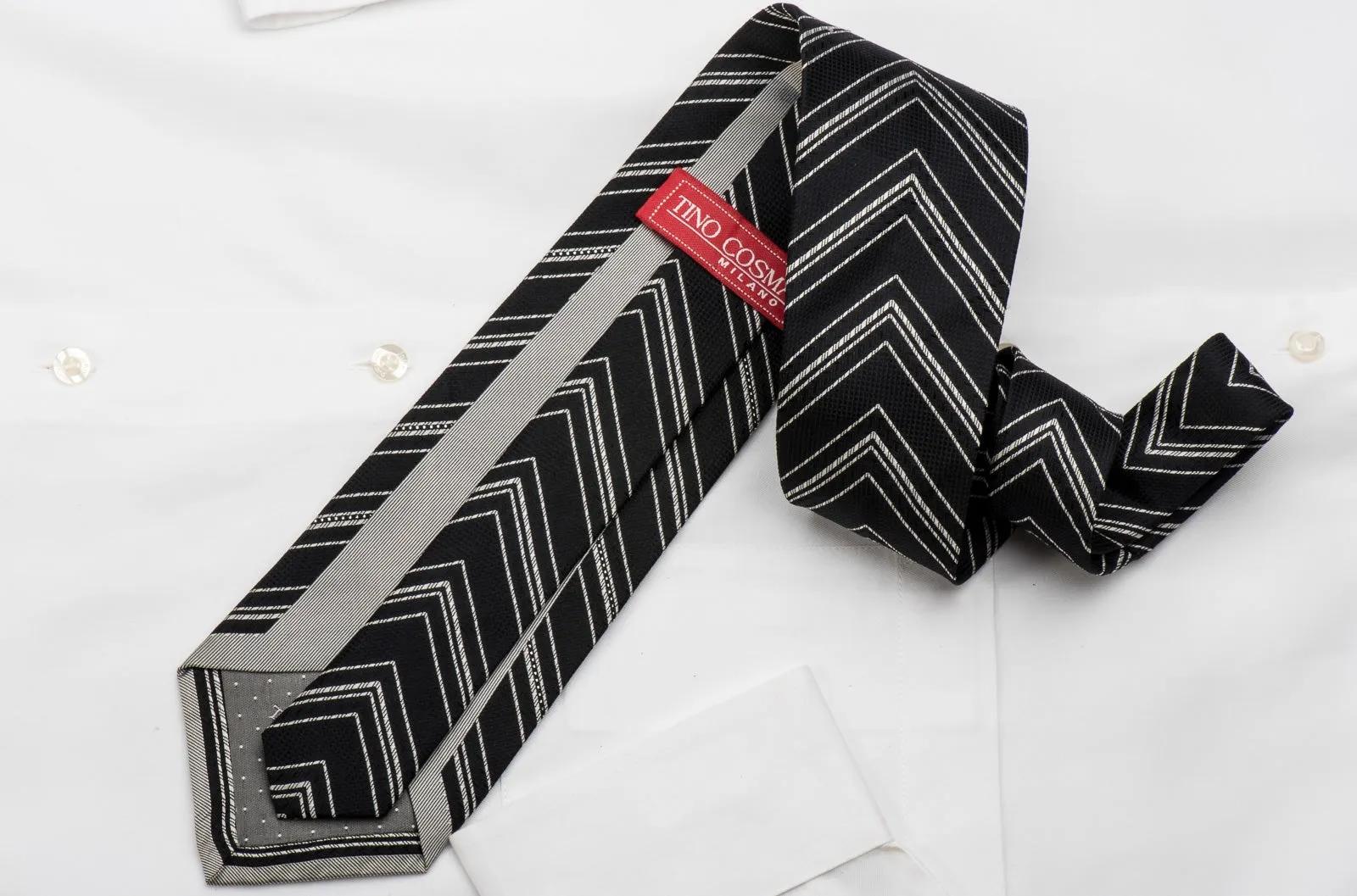 Tino Cosma Men's Rhinestone Silk Necktie Silver V-Striped On Black With Sparkles