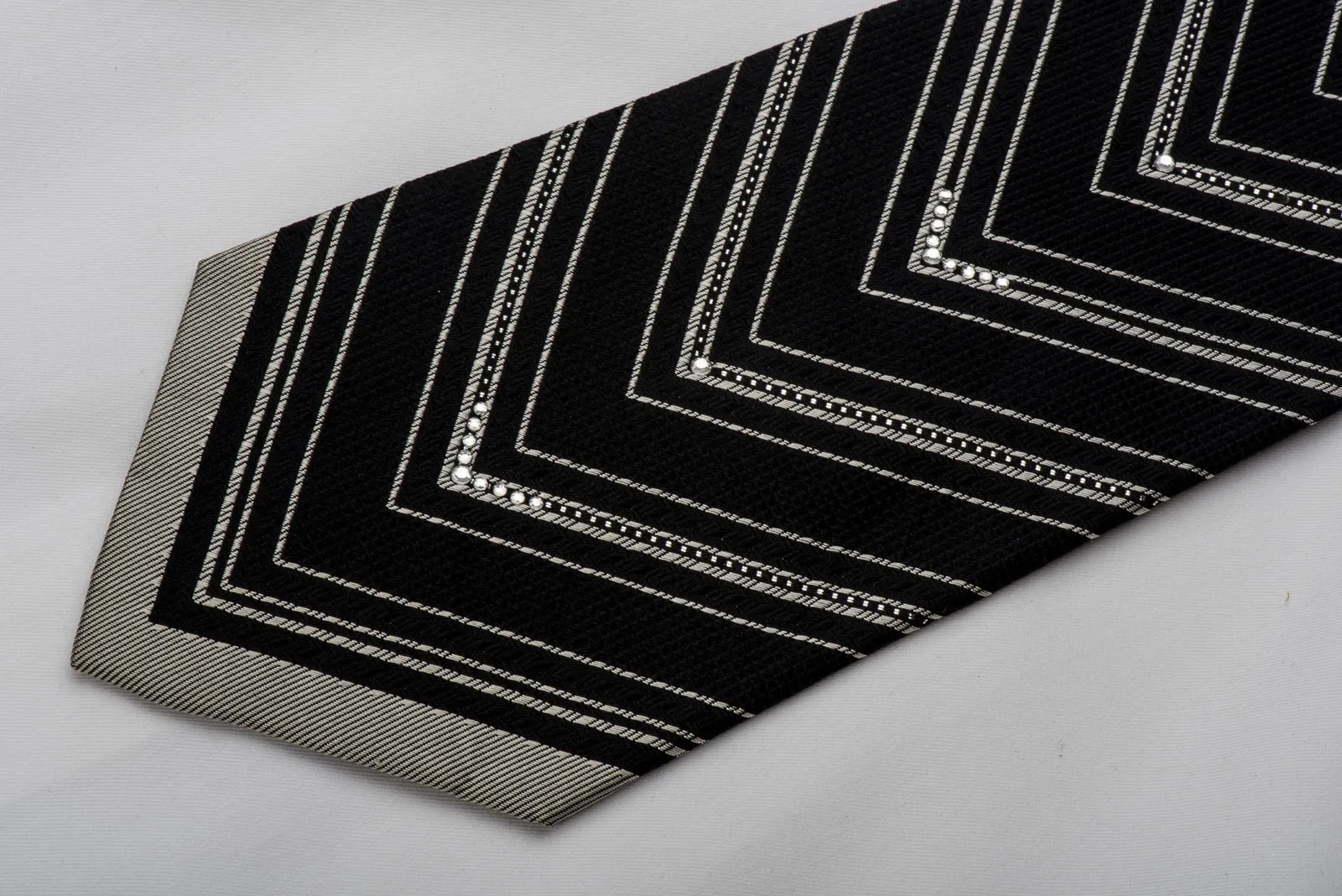 Tino Cosma Men's Rhinestone Silk Necktie Silver V-Striped On Black With Sparkles