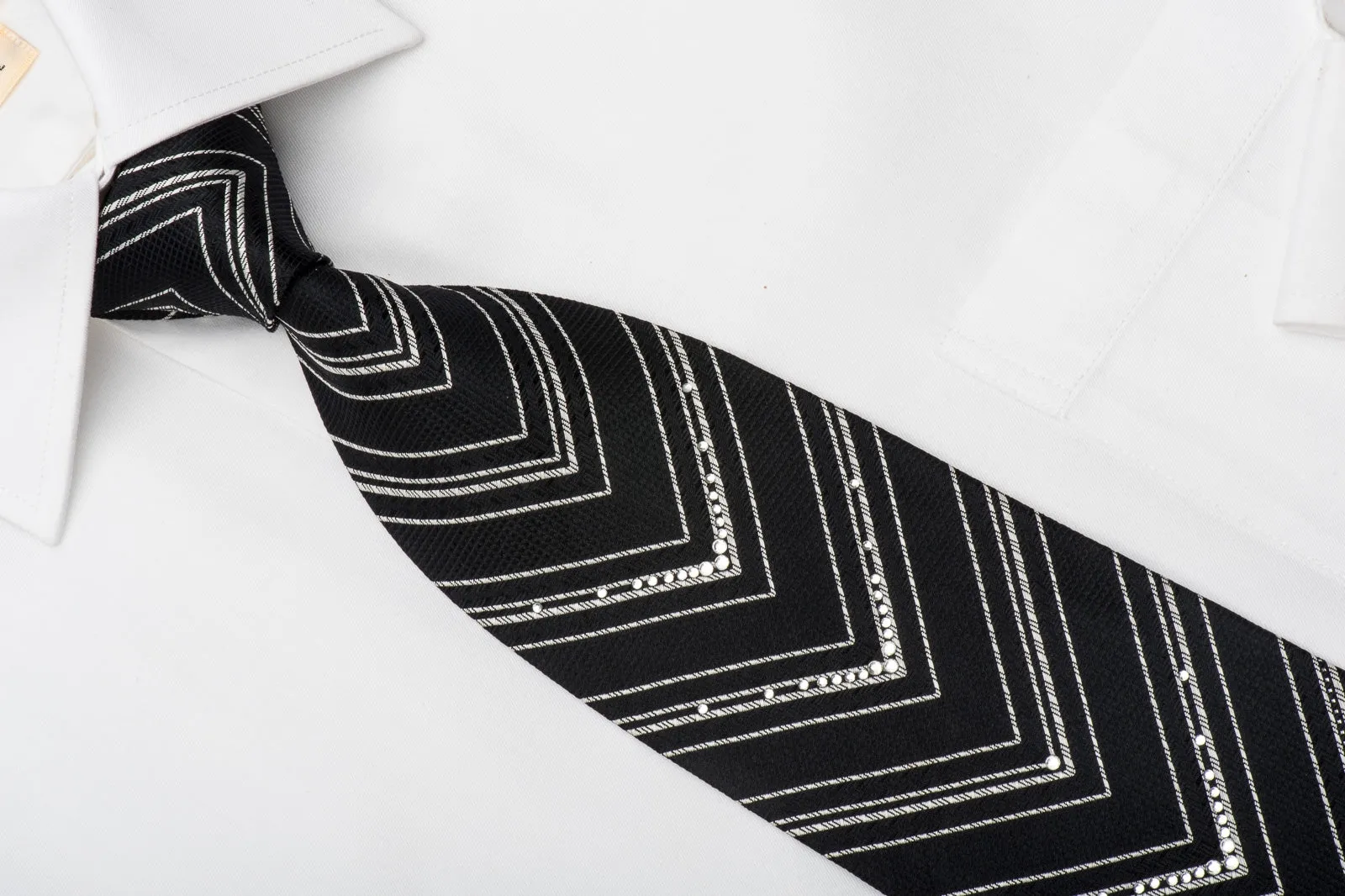 Tino Cosma Men's Rhinestone Silk Necktie Silver V-Striped On Black With Sparkles