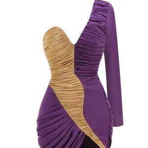 Trend4us Asymmetrical One-Sleeve Gold Ruched Mini Dress