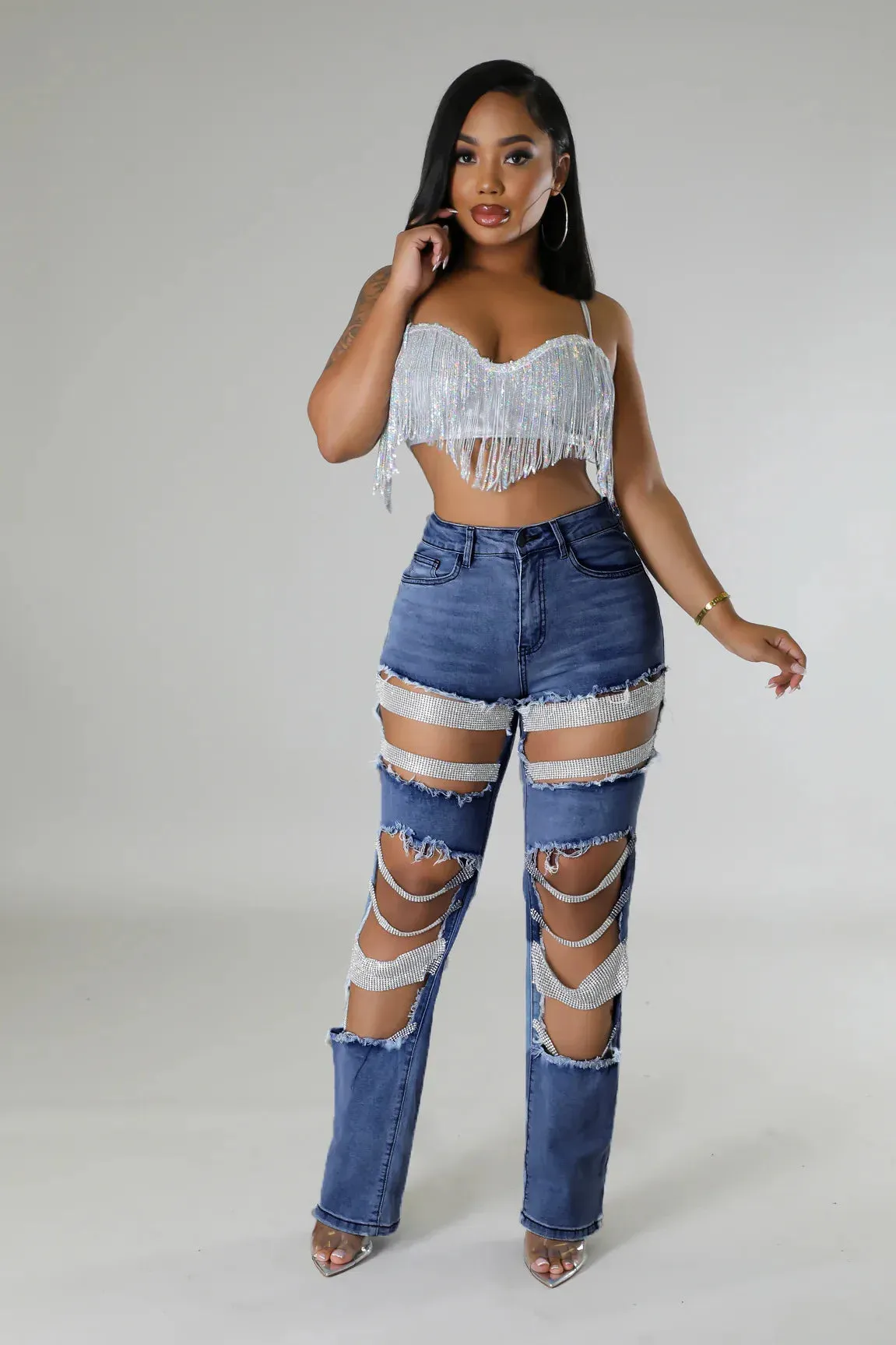 Trend4us Rhinestone-Embellished Distressed Denim Jeans