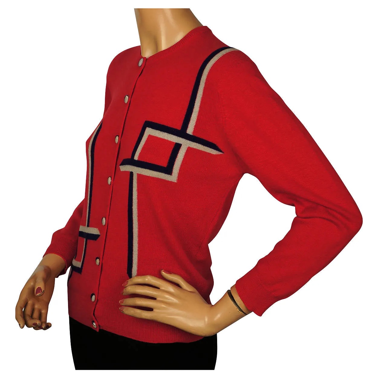 Vintage 1950s Pringle Scottish Cashmere Sweater Red Intarsia Cardigan Ladies M