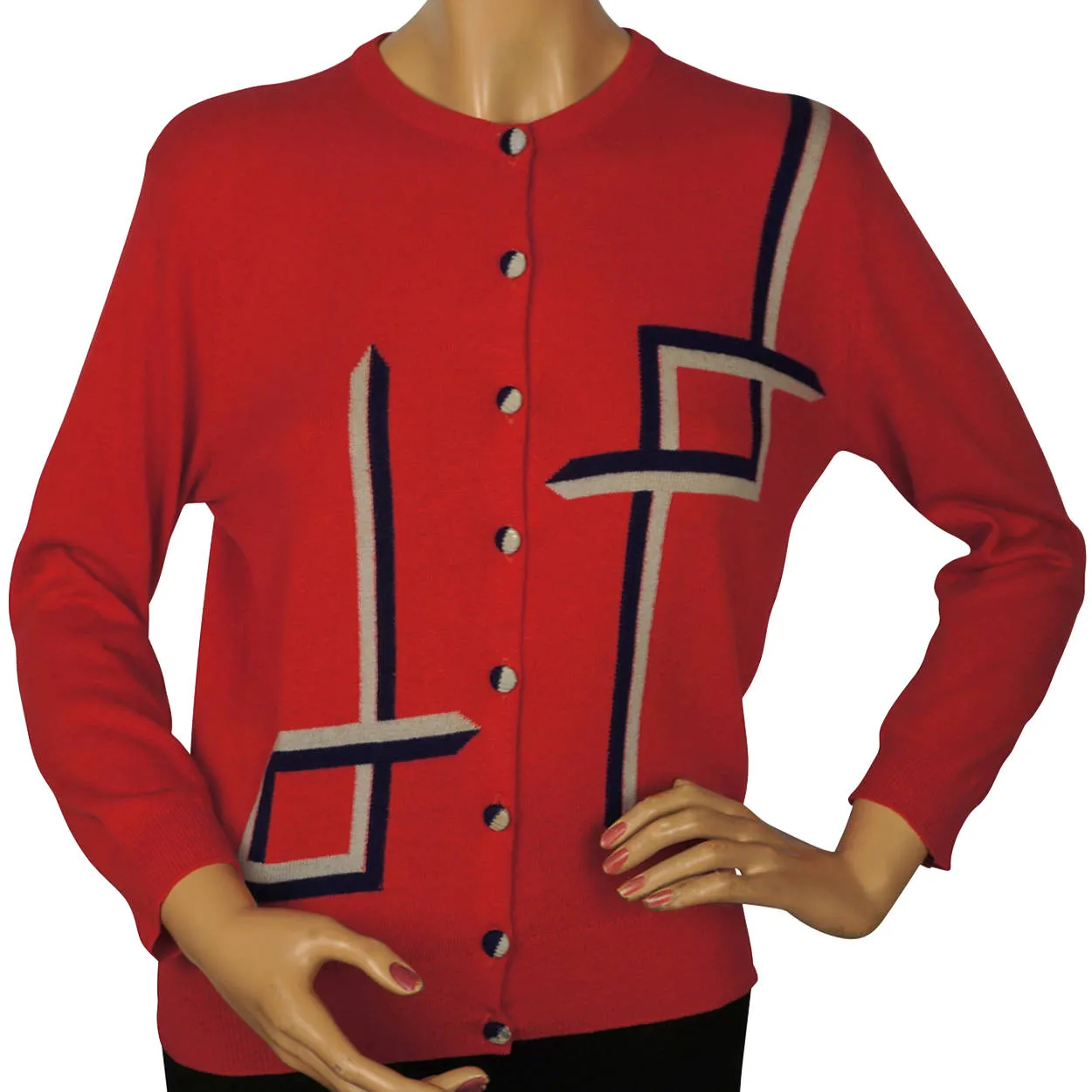 Vintage 1950s Pringle Scottish Cashmere Sweater Red Intarsia Cardigan Ladies M