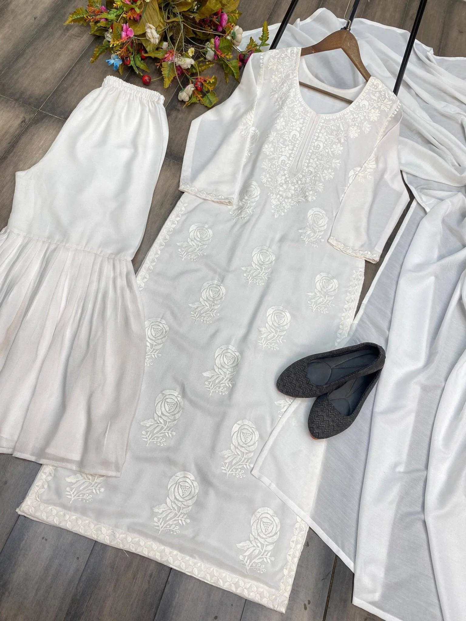 Wear- Summer Maslin Embroidered Top with Sarara and Dupatta