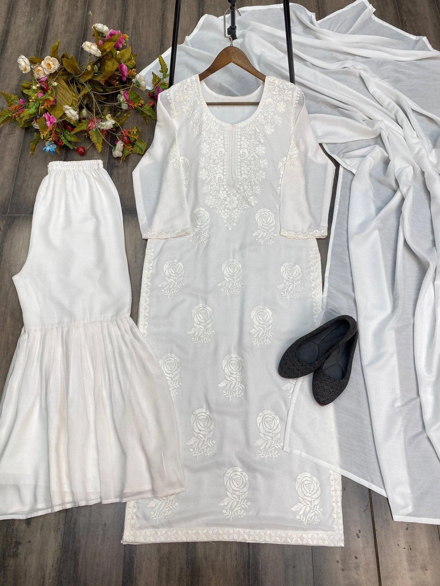 Wear- Summer Maslin Embroidered Top with Sarara and Dupatta
