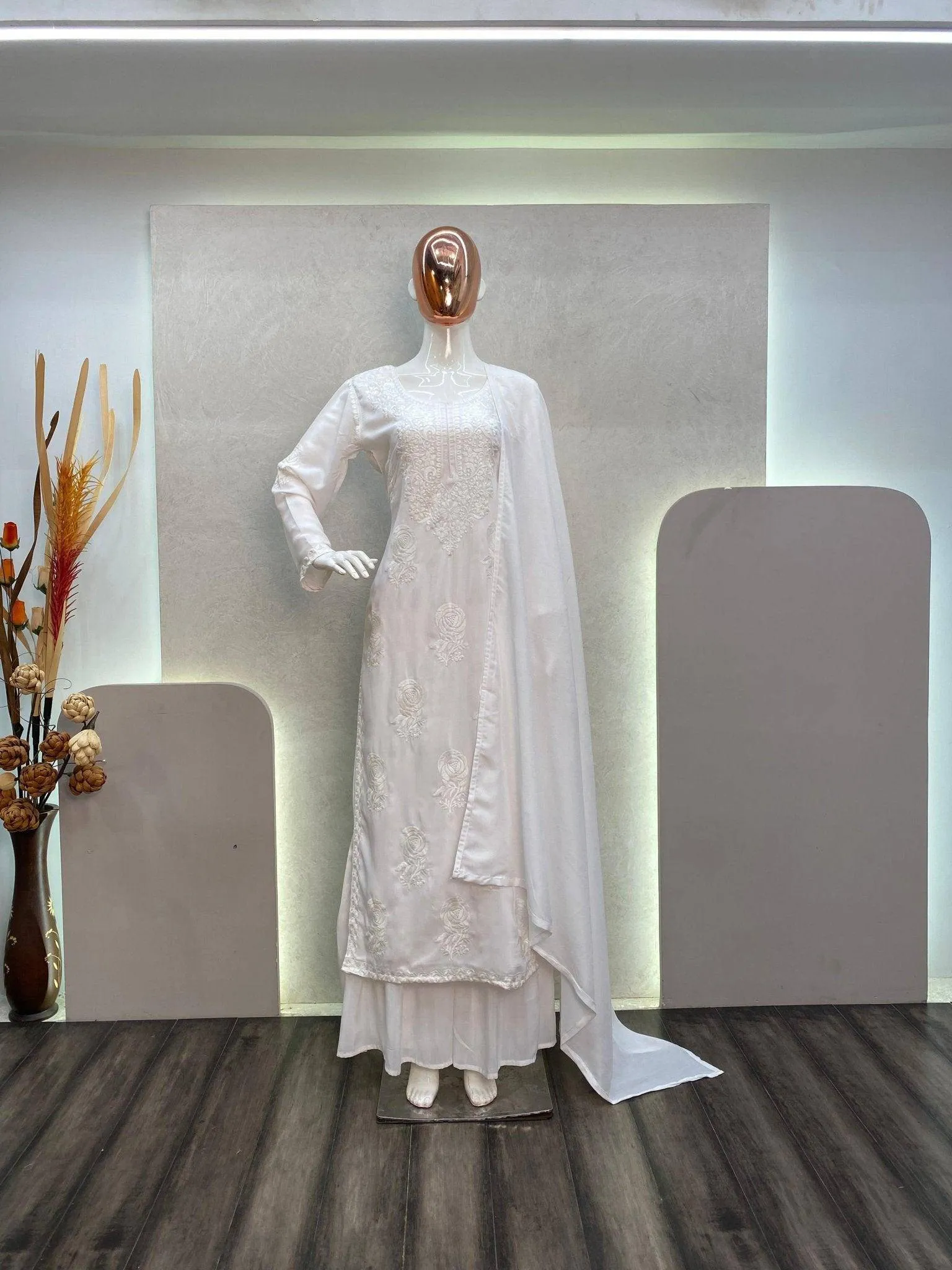 Wear- Summer Maslin Embroidered Top with Sarara and Dupatta