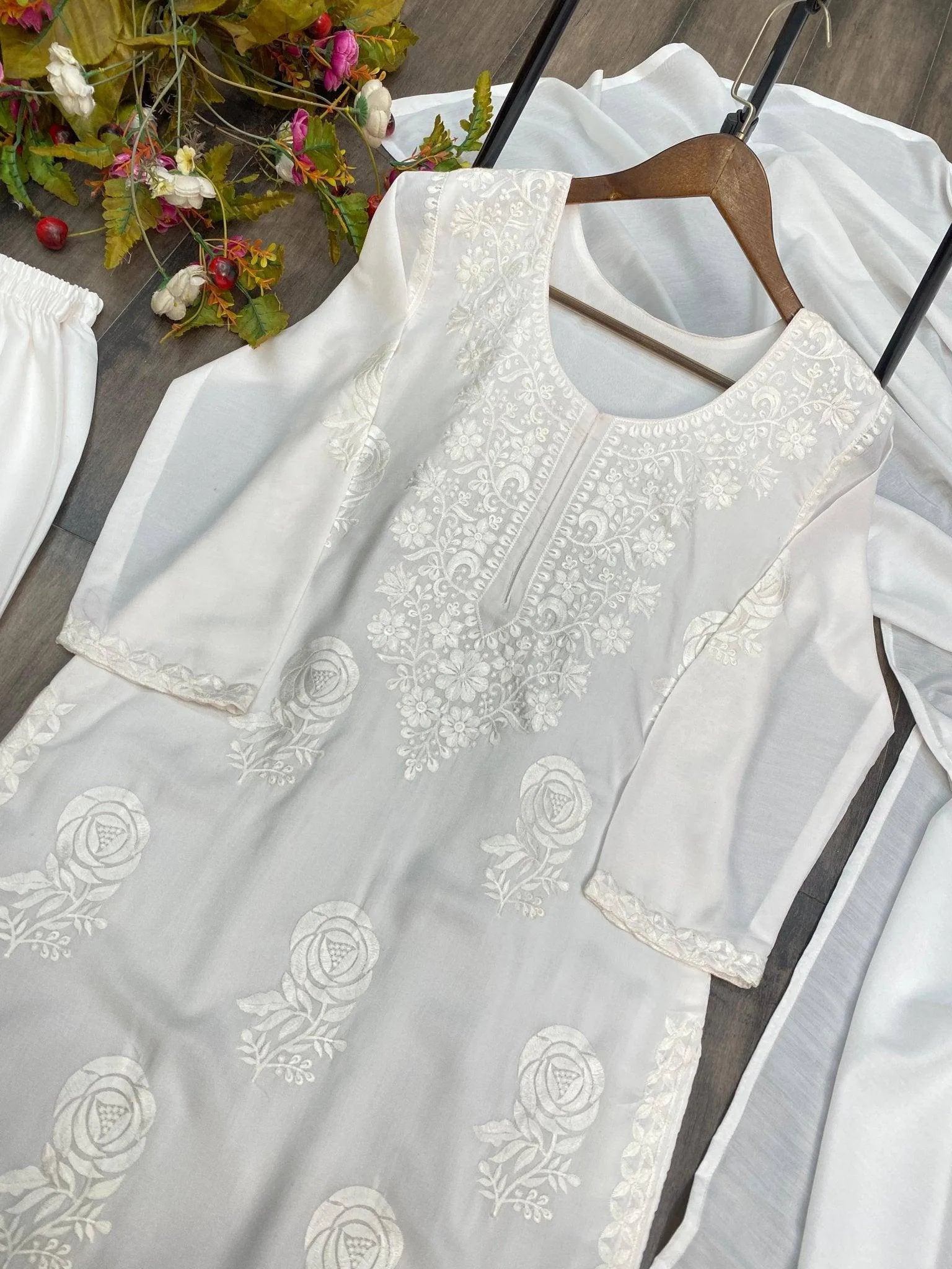 Wear- Summer Maslin Embroidered Top with Sarara and Dupatta