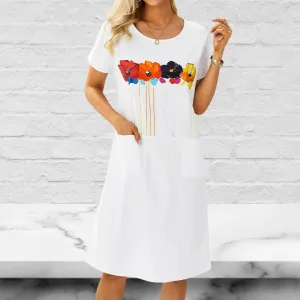 White Floral Print Short Sleeves Dress