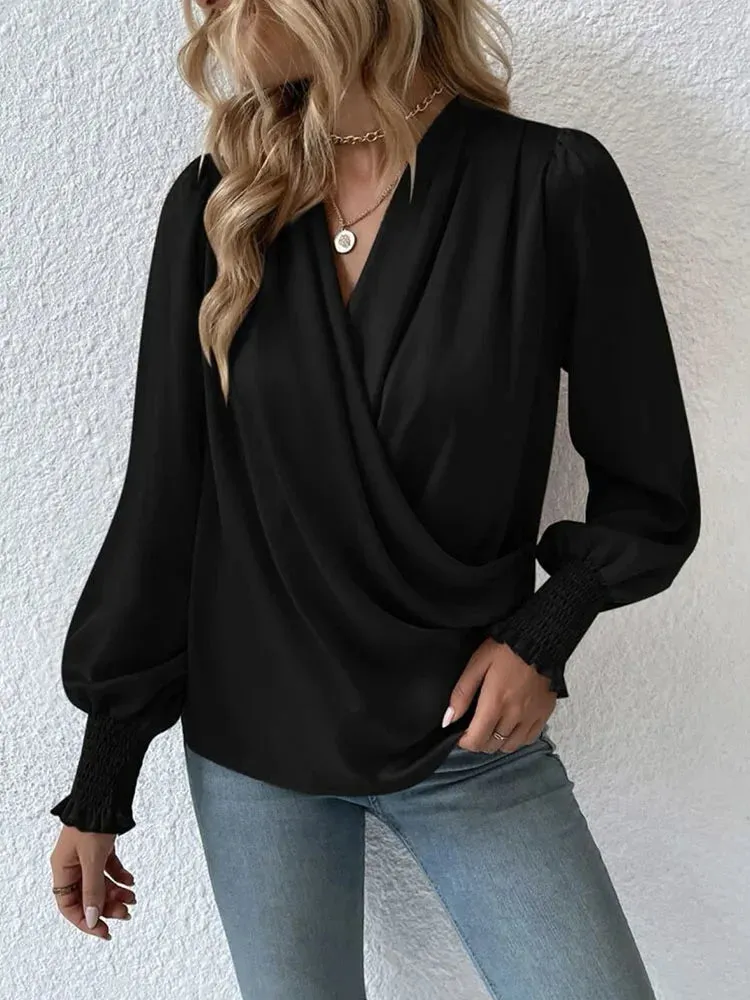 Women's Retro Lantern Sleeve V-Neck Shirt - Solid Color Cross Pleated Office Top for Spring & Summer