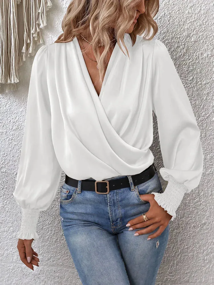Women's Retro Lantern Sleeve V-Neck Shirt - Solid Color Cross Pleated Office Top for Spring & Summer