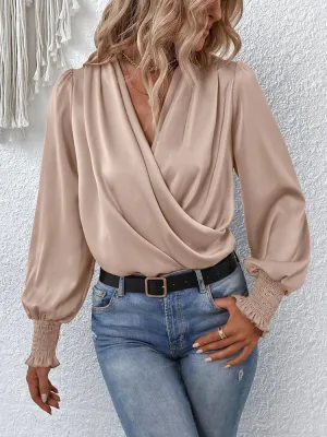 Women's Retro Lantern Sleeve V-Neck Shirt - Solid Color Cross Pleated Office Top for Spring & Summer