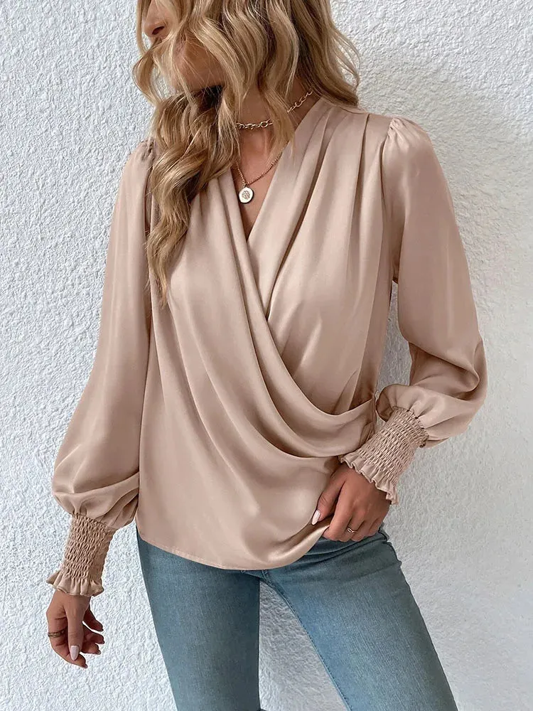 Women's Retro Lantern Sleeve V-Neck Shirt - Solid Color Cross Pleated Office Top for Spring & Summer