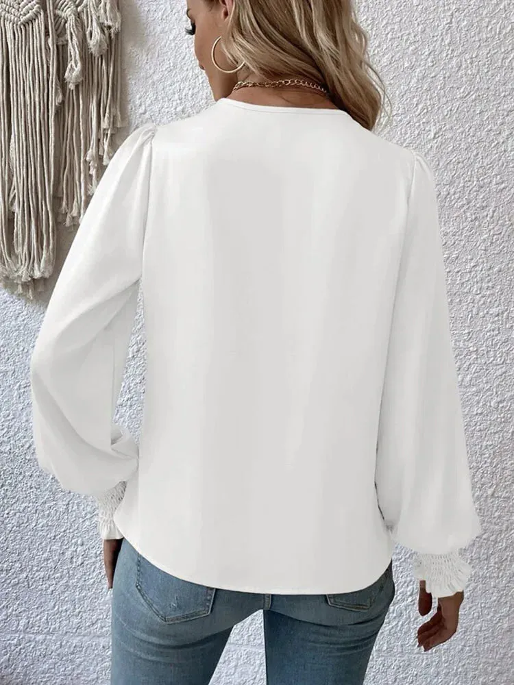 Women's Retro Lantern Sleeve V-Neck Shirt - Solid Color Cross Pleated Office Top for Spring & Summer