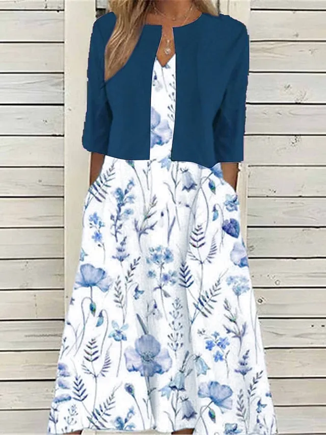 Women's Two Piece Dress Set Casual Dress Print Dress Outdoor Daily Fashion Elegant Pocket Print Midi Dress V Neck Half Sleeve Floral Regular Fit Pink Blue Summer Spring S M L XL XXL