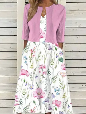 Women's Two Piece Dress Set Casual Dress Print Dress Outdoor Daily Fashion Elegant Pocket Print Midi Dress V Neck Half Sleeve Floral Regular Fit Pink Blue Summer Spring S M L XL XXL