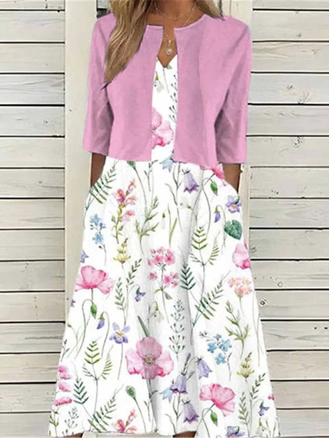 Women's Two Piece Dress Set Casual Dress Print Dress Outdoor Daily Fashion Elegant Pocket Print Midi Dress V Neck Half Sleeve Floral Regular Fit Pink Blue Summer Spring S M L XL XXL