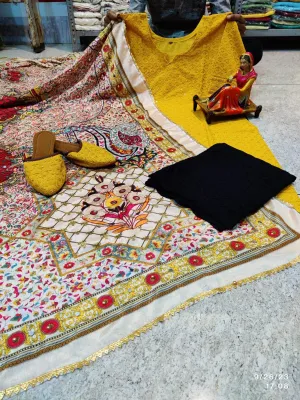 Yellow Elegant Chikankari Kurti, Palazzo, and Pakistani Dupatta Set