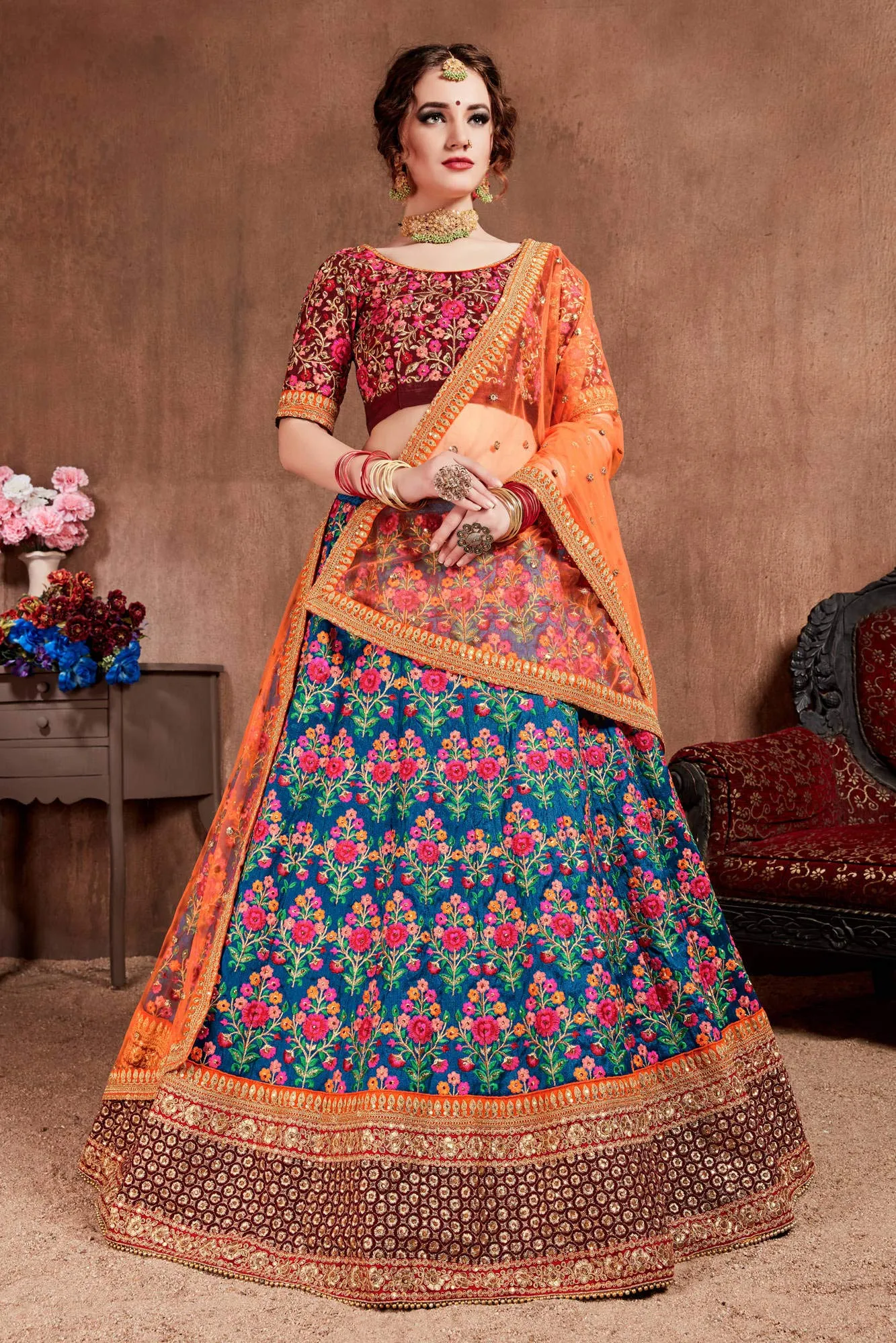 Zeel Clothing Women's Silk Semi stitched Lehenga Choli (7031-Blue-Wedding-Bridal-Heavy-Lehenga_Blue_Free Size)